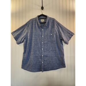 Weatherproof Vintage Mens XXL Blue Linen Cotton Blend Short Sleeve Button Down